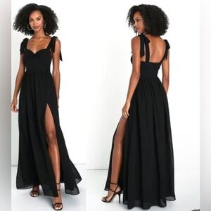 Lulus Radiant Charisma Chiffon Ruched Tie-Strap Maxi Dress in black